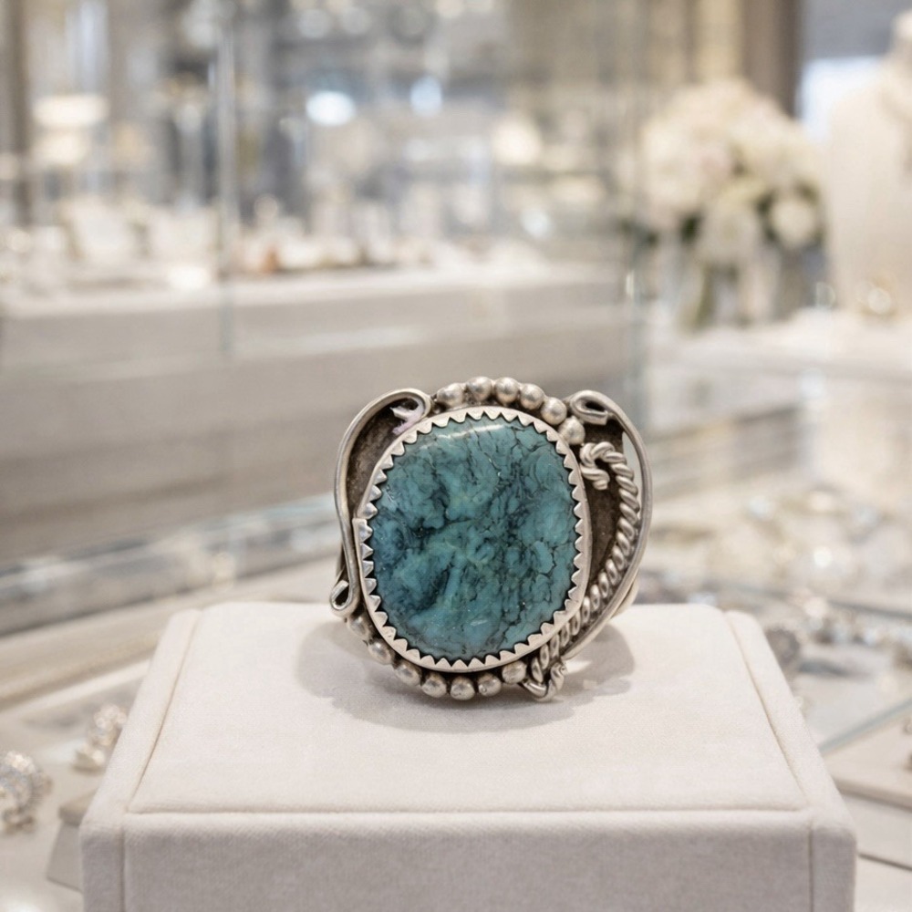 Unsigned 925 Silver Navajo Blue Morenci Turquoise Statement Ring Luxury 4.75